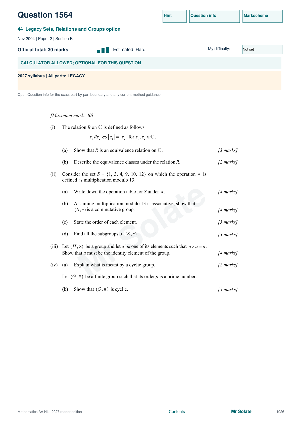 Original Mathematics question 1564, page 1926
